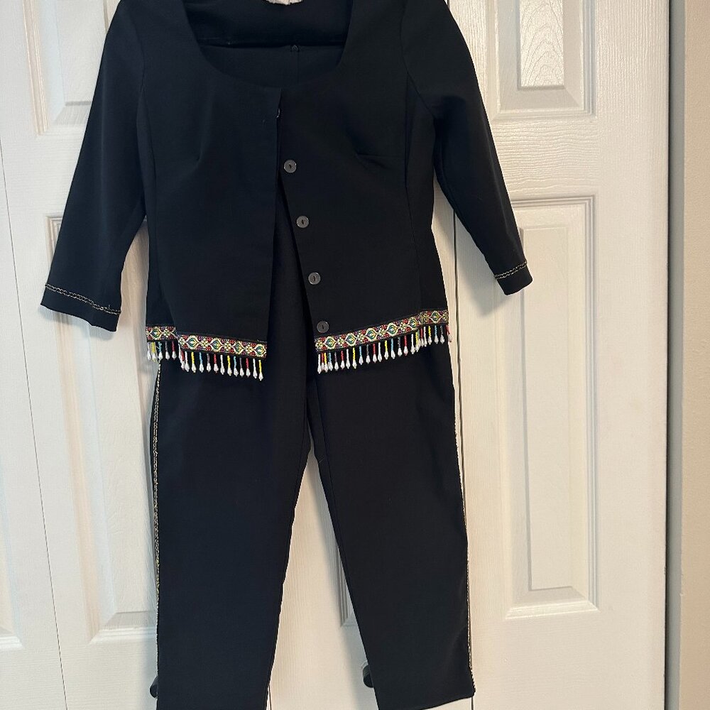 Caren Desiree Company Black Two-Piece Pant Set with Embroidered Beaded Fringe